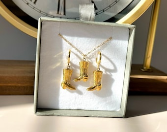 Gold Cowboy Boot Charm Necklace • Coastal Cowgirl Gift • Country and Western Jewelry SET • Handmade Texas Earrings • Christmas Gift Idea