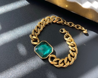 Chunky Cuban Link Bracelet with GOLD Emerald Charm • Dainty Anniversary Gift • Green Gemstone Bracelet • Waterproof Christmas Gift for Her