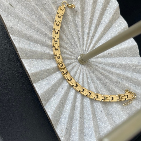 18K GOLD Link Chain Bracelet Vintage Bracelet Antique Gold Chunky Bracelet Wedding Bracelet for Women WATERPROOF Christmas Gift for Her