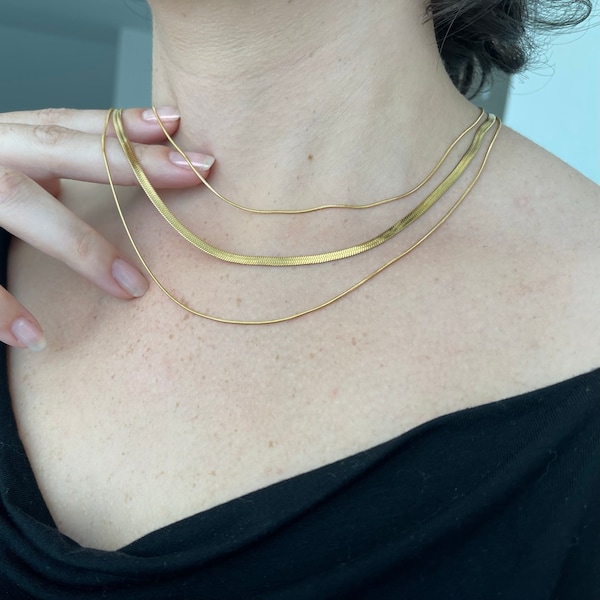 GOLD Three-Layer Herringbone Choker Necklace Snake Layered Chain Choker Herringbone Layering Necklace Set ANTI-TARNISH Jewelry Gift for Mom