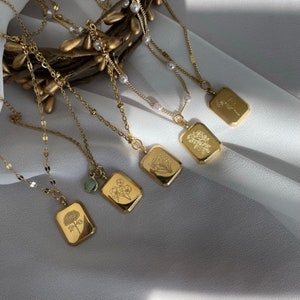18K GOLD Birth Month Flower Necklace Birth Flower Square Zodiac Lotus Floral Pendant WATERPROOF Jewelry Birthday Gift for Her