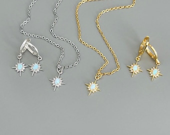 Gold Opal North Star Earrings and Necklace Set, Dainty Celestial