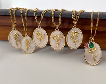 GOLD FILLED Birthflower Zodiac Necklace • Mom Gift • Mother of Pearl Necklace • WATERPROOF Birthstone Jewelry • Best Friend Gift