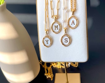 GOLD Initial Medallion Necklace, Bridesmaid Gift, Dainty Oval Charm Necklace, White Letter Pendant, Personalized Name Jewelry, Birthday Gift
