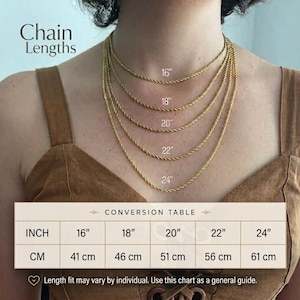 May include: Five gold-toned rope chains of varying lengths displayed on a neck, labeled 16, 18, 20, 22, and 24 inches. A conversion table below lists these lengths in inches and centimeters, noting that length may vary by individual.
