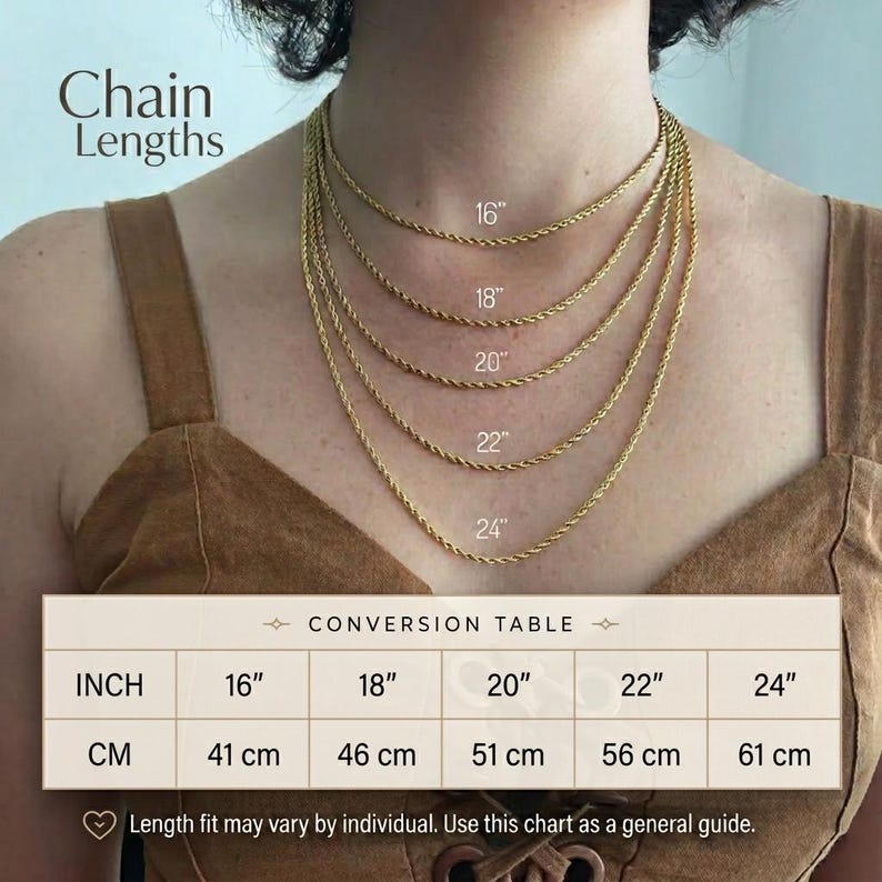 May include: Five gold-toned rope chains of varying lengths displayed on a neck, labeled 16, 18, 20, 22, and 24 inches. A conversion table below lists these lengths in inches and centimeters, noting that length may vary by individual.