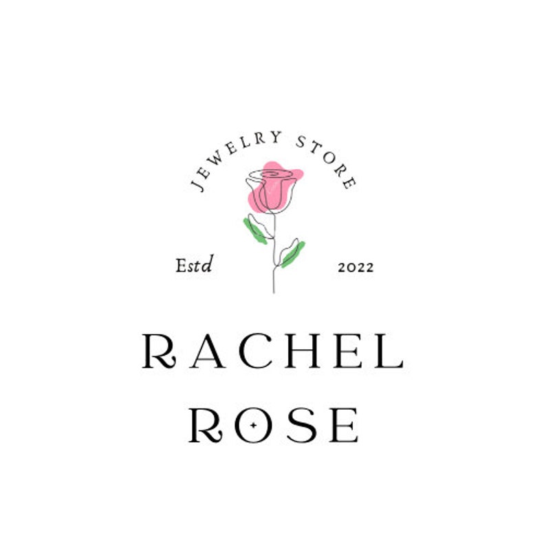 May include: A logo for a jewellery store called "Rachel Rose Jewellery Store" established in 2022. The logo features a stylised pink rose with green leaves.