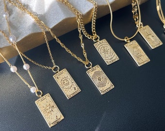GOLD Tarot Card Deck Necklace Fortune / Strength / World /Sun/Star Wiccan Necklace Dainty Jewelry Statement Necklace Christmas Gift for Her