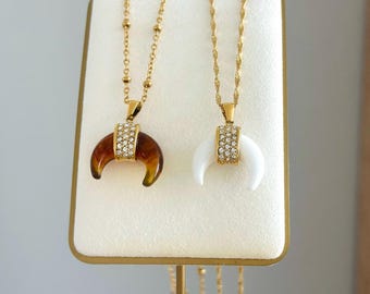 Gold Croissant Necklace, Amber Crescent Pendant, Unique CZ Jewelry for Women, French Food Charm