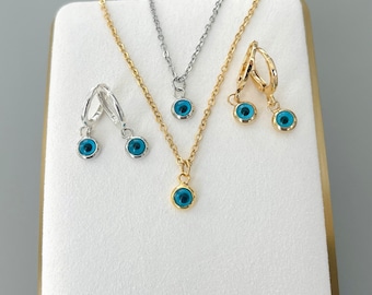 SILVER Evil Eye Dangle Hoop Earrings • Gold Nazar Necklace • Protection Jewelry • Christmas Gift