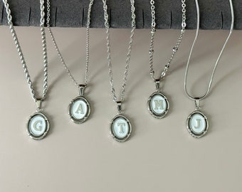 Silver Initial Oval Pendant Necklace • Bridesmaid Gift • Handmade White Letter Charm • Minimalist Name Necklace • Best Friend Gift for Her