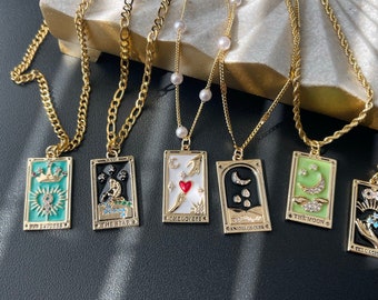 GOLD FILLED Tarot Card Deck Necklace • Best Christmas Gift • Personalized Celestial Enamel Tarot • Mystic Jewelry • Anniversary Gift for Her