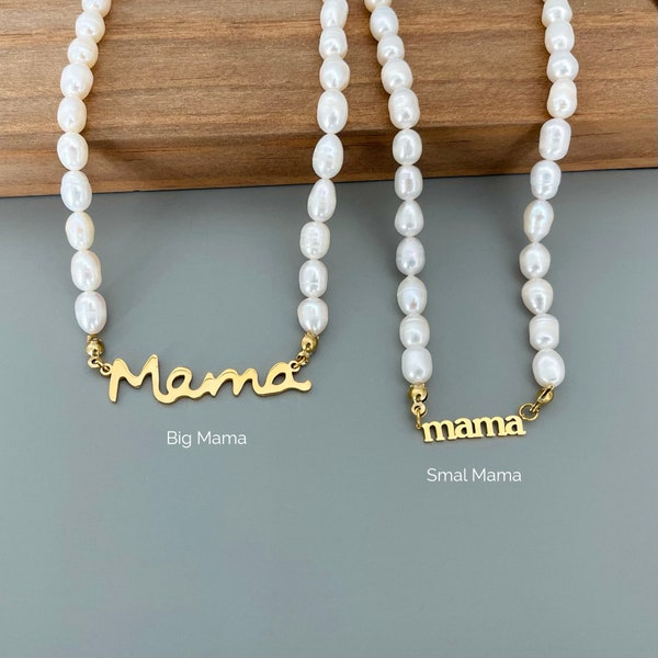 Freshwater Pearl Mama Necklace • Birthday Gift for Her • Mother of Pearl Necklace • Mama Letter Pendant • WATERPROOF Jewelry • New Mom Gift