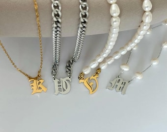 Silver Gothic Initial Necklace, Gold Name Jewelry, Old English Letter Pendant, Mother's Day Gift