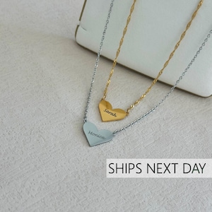 Gold Engraved Name Heart Necklace, Personalized Silver Heart Pendant, Custom Family Name Jewelry, Dainty Charm Necklace, Mother’s Day Gift
