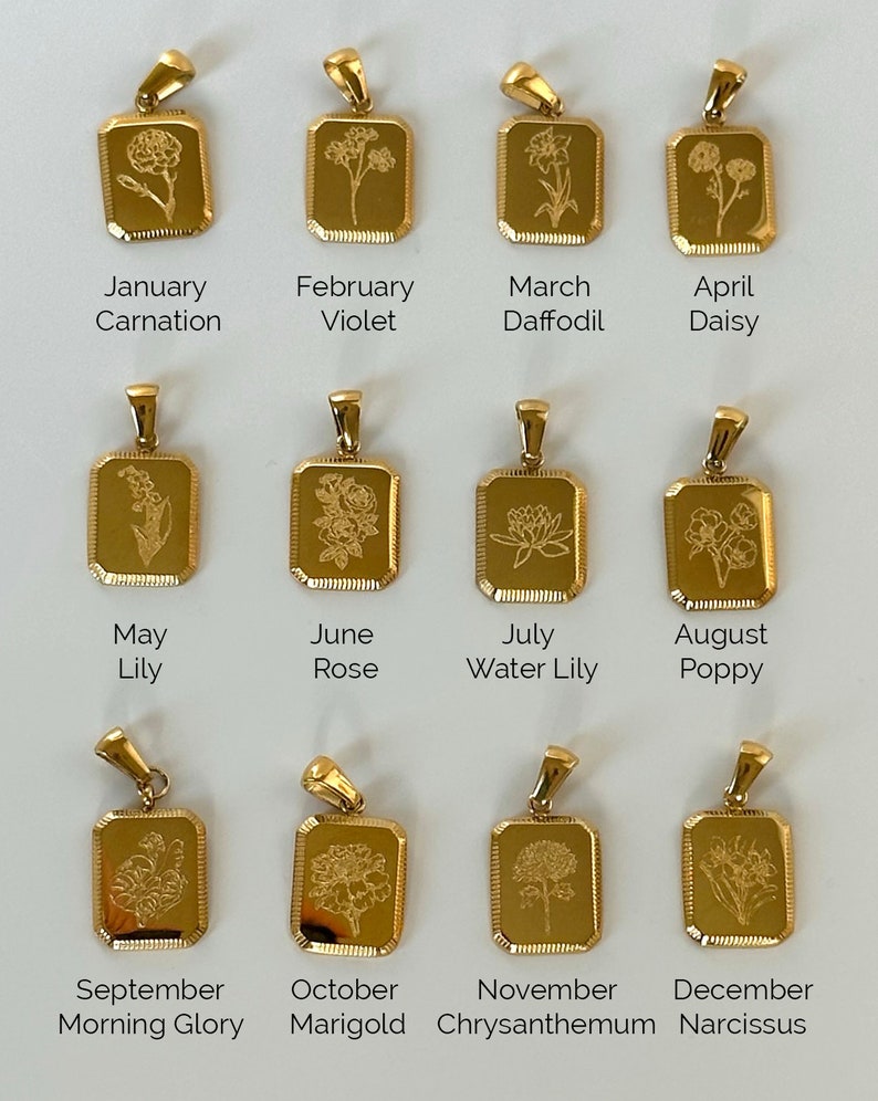 18K GOLD Vintage Geburt Monat Blume Halskette Geburt Blume Quadrat Zodiac Lotus Blumen Anhänger wasserdicht Schmuck Geburtstagsgeschenk für Sie Bild 7