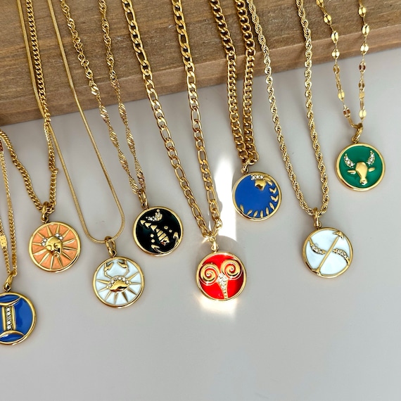 GOLD FILLED Coin Zodiac Necklace • Birthday Gift for Her • Zircon Stone Necklace • Zodiac Astrology Necklace • Boho Jewelry • Christmas Gift
