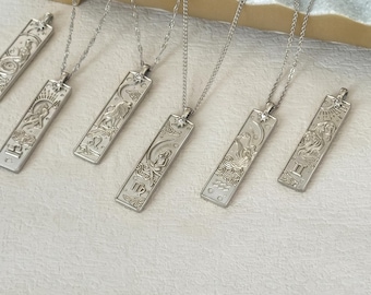 Silver Engraved Tarot Bar Necklace, Custom Zodiac Pendant, Dainty Astrology Jewelry