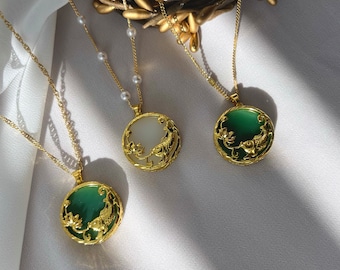 Green Jade Buddha Necklace, Gold Amulet Medallion Pendant, White Gemstone Jewelry, Personalized Anniversary Gift