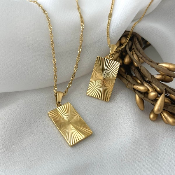 GOLD Sunburst Necklace Striped Rectangle Pendant Jewelry Bridesmaid Necklace 18K Gold Jewelry WATERPROOF Jewelry Christmas Gift for Her