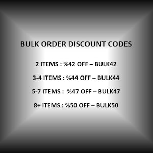 May include: A black and white image with the text "BULK ORDER DISCOUNT CODES" at the top. The text below lists discount codes for different quantities of items: 2 items: 42% off - BULK42, 3-4 items: 44% off - BULK44, 5-7 items: 47% off - BULK47, 8+ items: 50% off - BULK50.