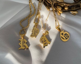 Old English Initial Necklace 18K Gold Stainless Steel Necklace Monogram Necklace Minimalist Letter Necklace WATERPROOF Christmas Gift