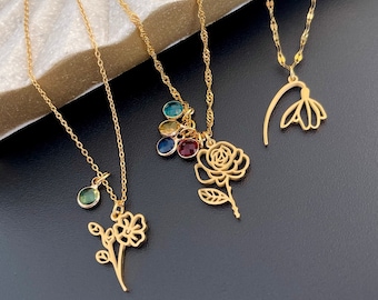 Gold Birth Flower Necklace • Birthstone Floral Jewelry Gift for Mom • Personalized Waterproof Birth Month Necklace • Christmas Gift for Her