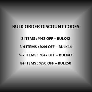 Może przedstawiać: Czarno-biały obraz z tekstem "BULK ORDER DISCOUNT CODES" u g&oacute;ry. Tekst poniżej zawiera kody rabatowe dla r&oacute;żnych ilości zam&oacute;wień, takie jak "2 ITEMS: %42 OFF - BULK42", "3-4 ITEMS: %44 OFF - BULK44", "5-7 ITEMS: %47 OFF - BULK47" i "8+ ITEMS: %50 OFF - BULK50".
