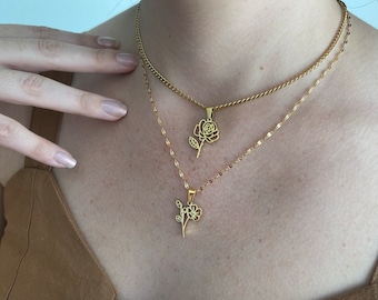 Personalized Birth Flower Zodiac Pendant Necklace • Floral Birthstone Layered Necklace • Gold Filled Birthmonth Jewelry • Christmas Gift
