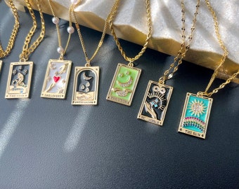 GOLD Custom Tarot Necklace Moon Star Sun Lovers Magician Pendant Witchy Necklace Spiritual Charm Christmas Gift for Her Bridesmaid Gift