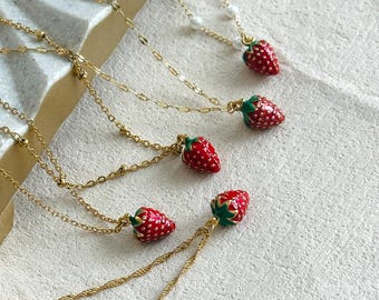 Dainty Strawberry Necklace • GOLD Berry Charm Necklace • Best Friend Gift • Handmade Fruit Summer Pendant • Nature Jewelry • Christmas Gift