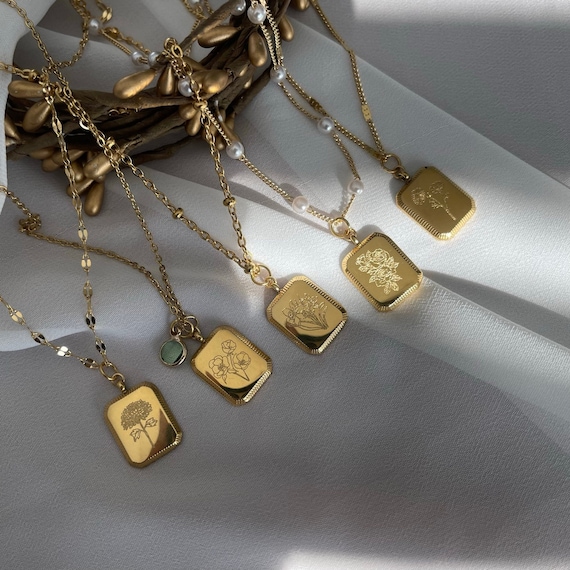 18K GOLD Birth Month Flower Necklace Birth Flower Square Zodiac