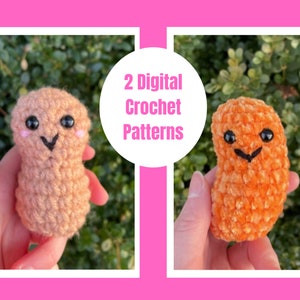 May include: Two crochet patterns are featured in this image. One is a light brown peanut shape with black eyes and a smiling mouth. The other is an orange nugget shape with black eyes and a smiling mouth. The text "2 Digital Crochet Patterns" is in a white circle.