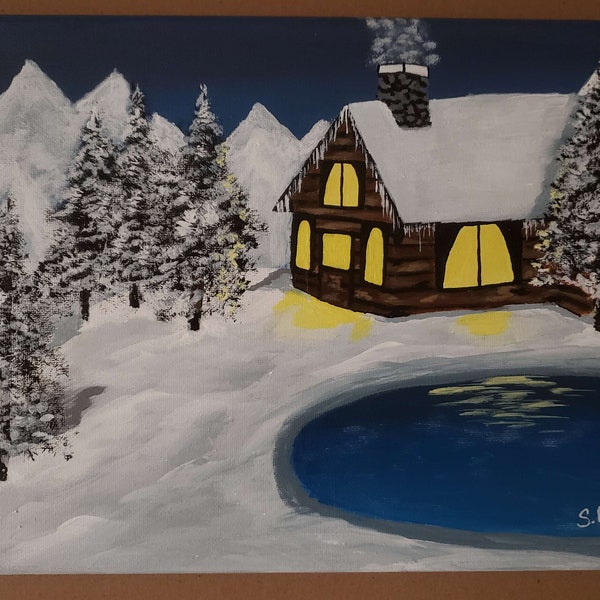 Mountain Cabin Canvas Painting | Acrylic Painting | Hand Painted