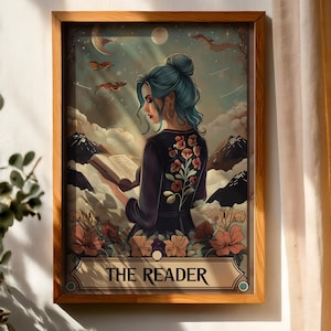 Stampa artistica dei Tarocchi del Lettore / Donna fantasy che legge un libro / Arte murale digitale AI / Poster Boho Celestial / Illustrazione stampabile / JPG 300 DPI