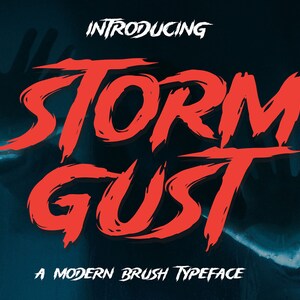 Può includere: Presentazione di Storm Gust, un carattere moderno a pennello con un design audace in rosso e bianco. Il carattere è visualizzato su uno sfondo blu scuro.