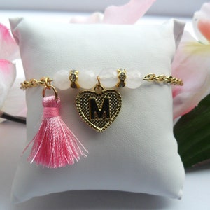 Bracelet chaîne personnalisé lettre initiale, bracelet or, pendentif coeur, pierre naturelle quartz rose, strass, pompon, cadeau St Valentin