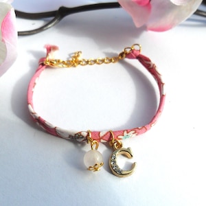 Bracelet cordon tissu liberty personnalisé, lettre initiale, perle naturelle, bracelet initiale, cadeau st valentin, cadeau fête des mères