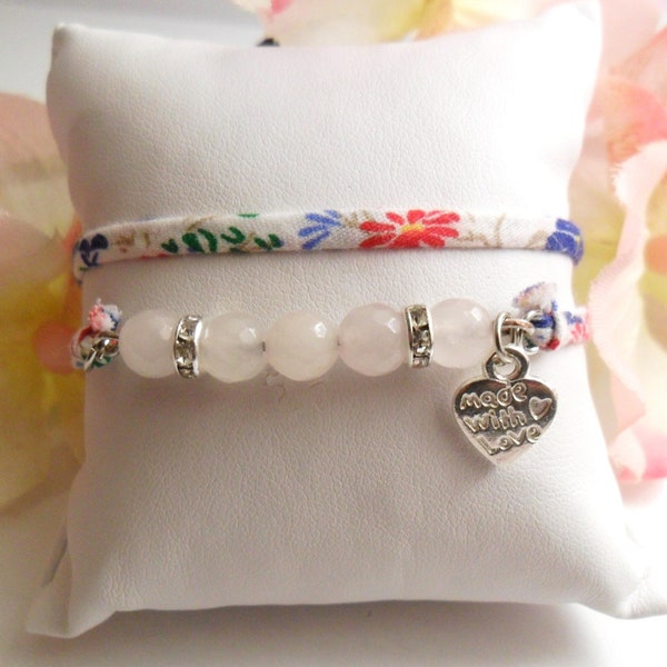 Bracelet en cordon tissu liberty, perle quartz rose naturelle, bracelet femme, cadeau St Valentin, cadeau maman, fête des mères