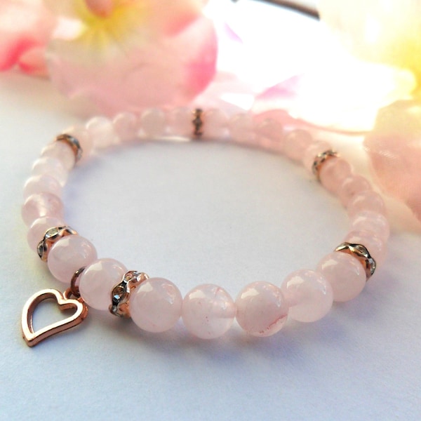 Bracelet perle quartz rose, coeur et strass, pierre naturelle, pendentif coeur or rose, cadeau st valentin, cadeau fête des mères