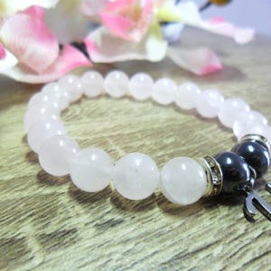 Bracelet perle personnalisé lettre initiale, quartz rose, hématite, pierre naturelle, strass, cadeau saint valentin, cadeau fille