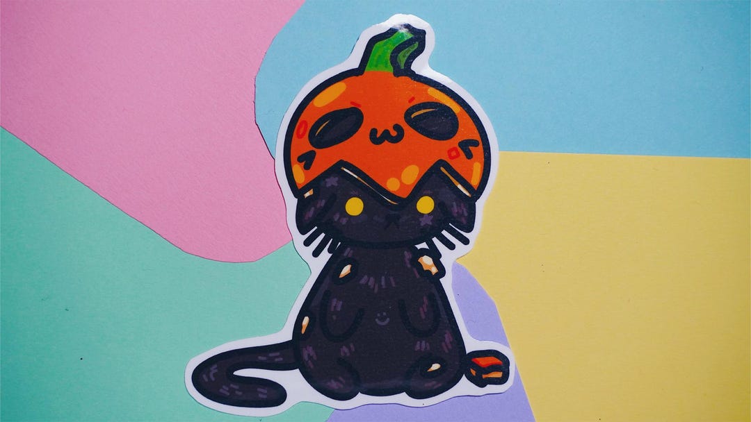 Black Cat Halloween Sticker: Pumpkin Hat, Water-resistant Vinyl - Etsy