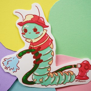 Firefighting Caterpillar Sticker | Firefighter Sticker | Cartoon Bug Sticker