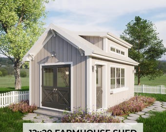 12x20 Shed Plans with Loft with Material List | Farmhouse Style Guest House, Workshop, Backyard Office | DIY Gravel Foundation Blueprint PDF