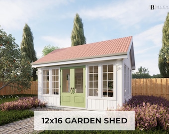 12x16 Garden Shed Plans with Material List, Guest House Plans, Bunkhouse, Shed Plans, Workshop Blueprints, Gift For Her, She Shed