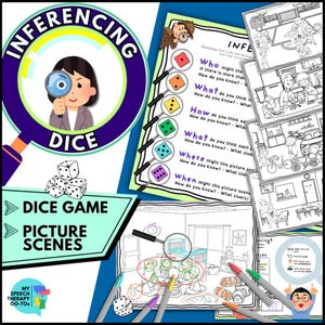 May include: A colorful dice game for inferencing skills. The game includes a set of dice with different colors and a picture scene with a magnifying glass. The dice have the words "Who", "What", "How", "What", "Where", and "When" on them. The game is designed to help children develop their inferencing skills by asking questions about the picture scene.