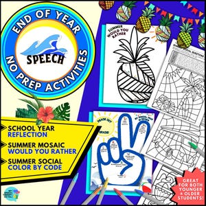 Könnte beinhalten: Ein farbenfrohes Lernmaterial mit Sommer-Themen, darunter eine Ananas, ein Peace-Zeichen und eine Malen-nach-Zahlen-Aktivität. Der Text lautet "End of Year Speech Activities". Der Text "Great for both younger & older students!" ist ebenfalls sichtbar.