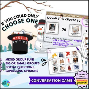 Peut inclure: Un jeu de conversation imprimable pour enfants avec un thème d'hiver et un bonhomme de neige. Le jeu demande aux joueurs de choisir entre deux options, comme "une nuit enneigée glaciale" ou "des câlins avec un animal à fourrure". Le jeu comprend une variété d'images et d'invites sur le thème de l'hiver.