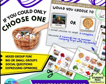 Può includere: Un gioco di conversazione per bambini con un design colorato. Il gioco include un cesto di carte con immagini di cose diverse da annusare. Il gioco pone la domanda: "Se potessi scegliere solo una cosa, sceglieresti di annusare un falò o una pizza?"