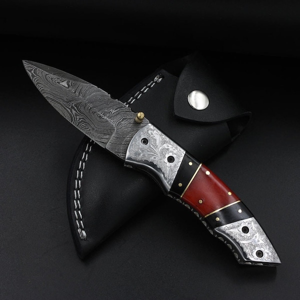 Damascus Folding Knife, Handmade Folding Knife, Pocket Knife, Hunting Knife, Gift for men, Anniversary Gift, Best Gift For Him
